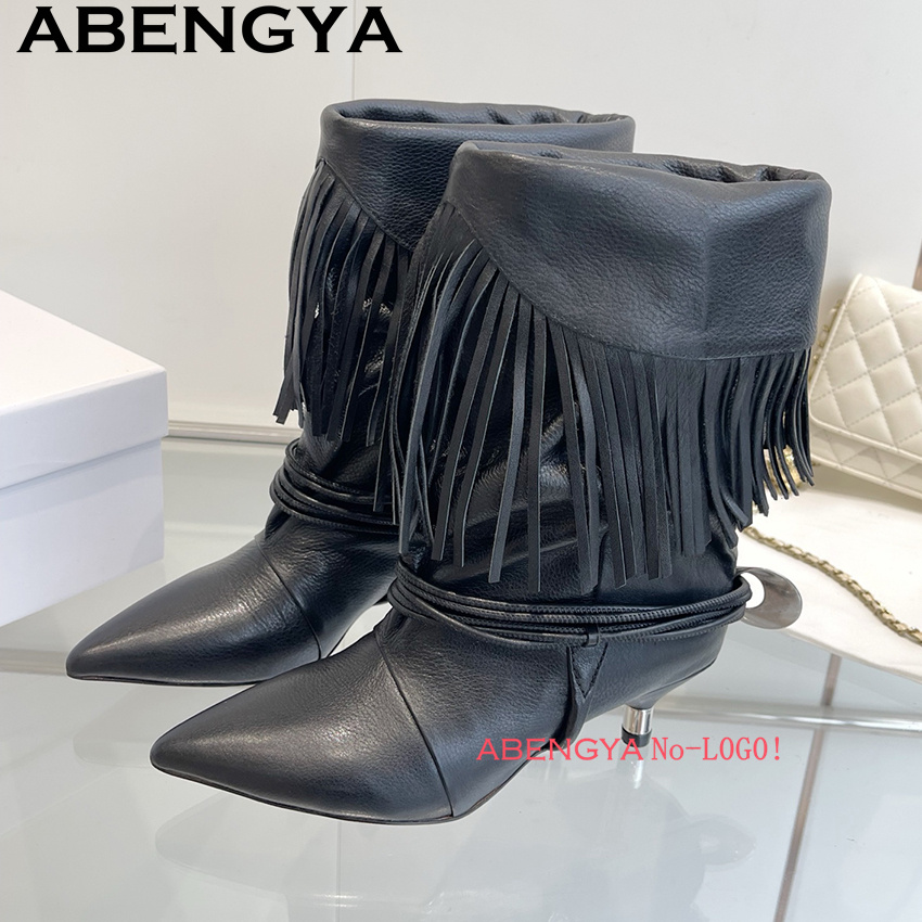 Ethnic Fashion Design - スエードレザーエッジタッセルデザインチェルシーブーツ女性ファッションウィークポインテッドトゥキトゥンヒールアンクルブーツ女性2026冬靴