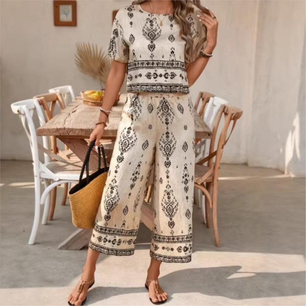 New Ethnic Fashion - ファッションエスニックレトロプリント半袖レディーススーツ夏新作カジュアルシンプルエレガント7分丈パンツ女性用2点セット2026