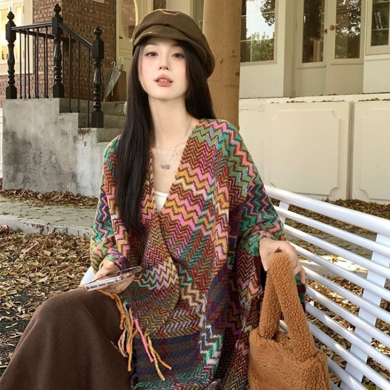 Go Ethnic Fashion - 110*175cm エスニックスタイルトラベルショール - 厚いフリンジスプリットケープ、女性用暖かい冬のポンチョ、ファッショナブルなアウターウェア