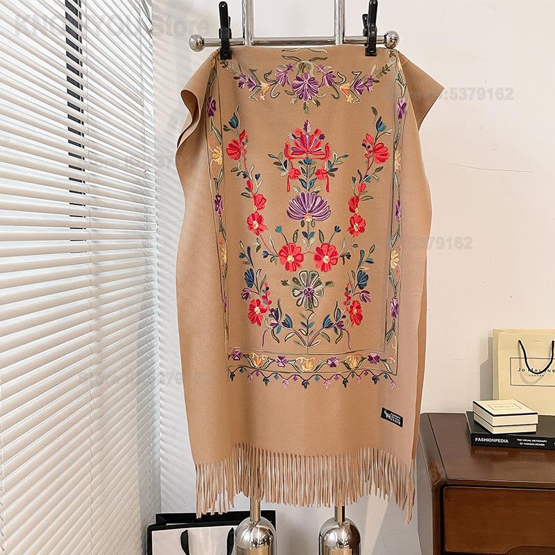 女性レトロ花柄刺繍両面模造カシミヤショール厚く暖かいエスニッ - Go Ethnic Fashion のレビューと価格