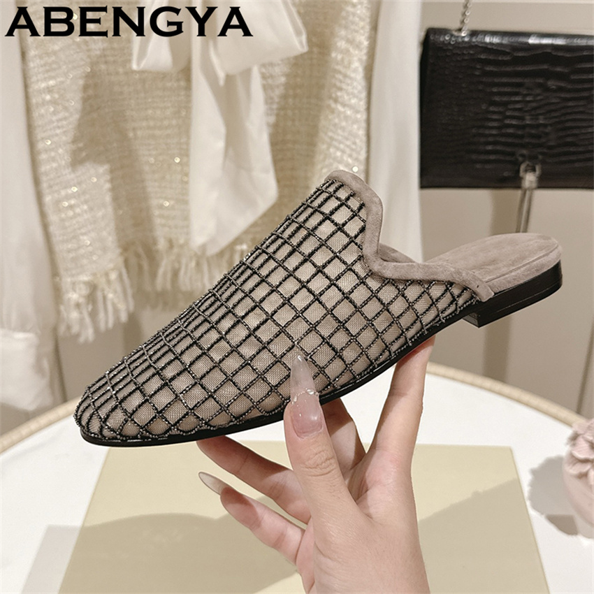 光沢のあるレースメッシュラウンドトゥフラットスリッパ レディ - Ethnic Fashion Women のレビューと価格