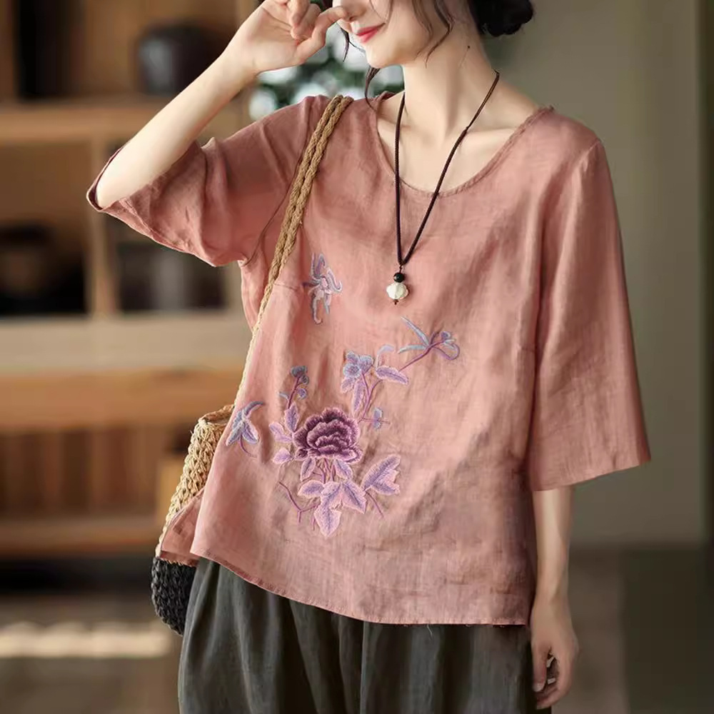 プラスサイズの女性の夏のレトロなブラウス綿麻薄手のオフィスレ - New Ethnic Fashion のレビューと価格